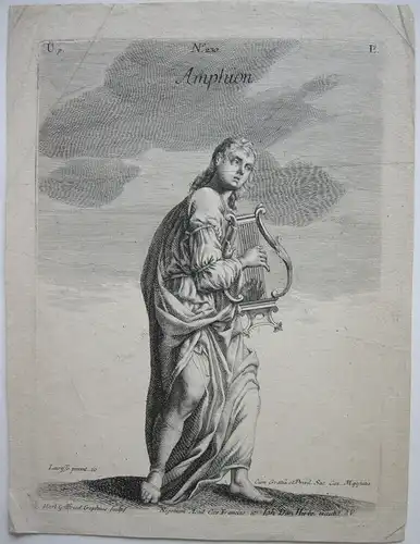 Martin G. Crophius (18. Jh.) Amphion mit Lyra Orig Kupferstich Mythologie