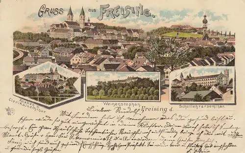 AK Freising Totale Clerikalseminar Weihenstephan Lehrerseminar Litho gel 1898