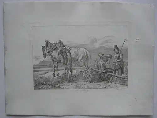 Johann Adam Klein (1792-1875) Bei Sendling Pflügende Bauern Orig Radierung 1845
