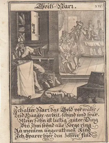 Geiz Narr  Orig Kupferstich Abraham a Sancta Clara 1709