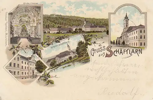 AK Schäftlarn Ebenhausen Kloster Brauerei Kirche Litho gel 1897