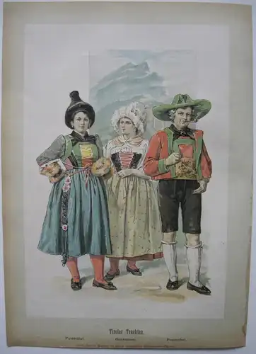 Tiroler Trachten Pusterthal Guntschna Trentino Orig. Farblithographie 1880