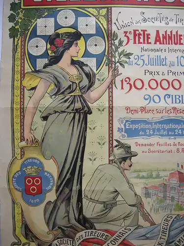 Plakat affiche Ville de Macon Fete Tir Lithografie entoilé 1903 art nouveau