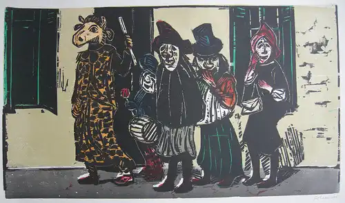 Wilhelm Grimm (1904-1986) Basler Karneval Orig Farbholzschnitt signiert