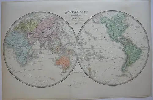 Mappemonde Weltkarte zwei Hemisphären Orig Farblithogrfie Vuillemin 1860