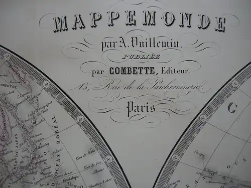 Mappemonde Weltkarte zwei Hemisphären Orig Farblithogrfie Vuillemin 1860