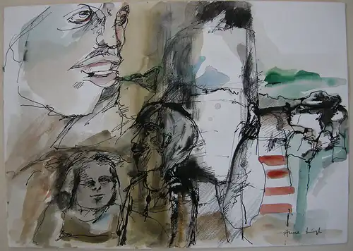 Anne Häupl (1943) Familienbild aquarellierte Tuschzeichnung signiert 1975