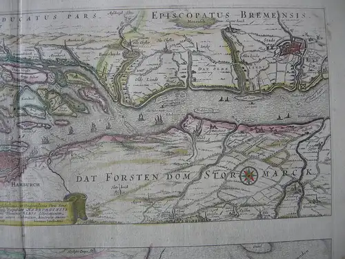 Elbe Hamburg Ansicht Stromkarte altkolor Orig Kupferstichkarte Janssonius 1650