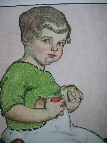 Fritz Burger (1867-192) Knieendes Mädchen mit Apfel Orig Lithografie 1910 sign