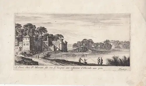 Gabriel Perelle (1603-1677) Landschaft mit Anglern Bauten Orig Kupferstich 1660