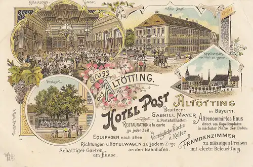 Altötting Hotel Post rückseitig Restaurant-Rechnung Litho gel 1897