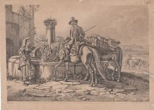 Johann Adam Klein (1792-1875) Reiter am Brunnen Orig Radierung 1835