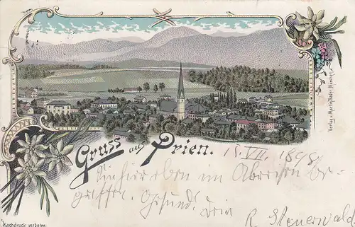 Prien Chiemsee Rosenheim Chiemgau Gesamtansicht Litho gel 1898