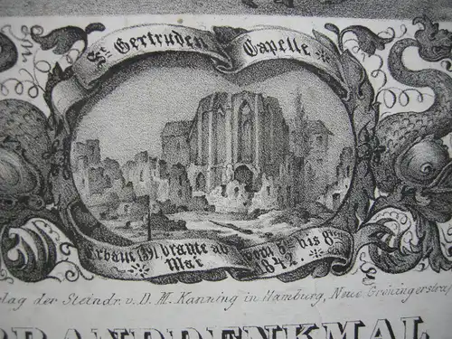 Hamburg Branddenkmal Totengräber Häuschen Orig Kreidelithografie 1842