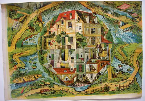 Spielplan Bauernhof Orig Chromolithogr 1890 Gesellschaftsspiel Laufspiel