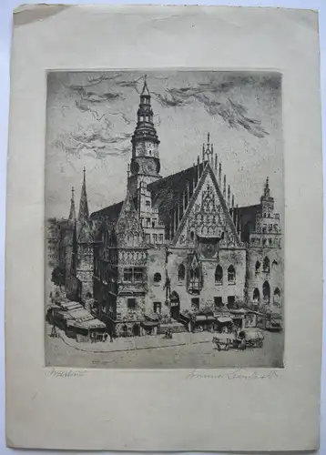 Breslau Wroclaw Rathaus Orig Radierung B. Reinhard um 1910 signiert Polen Slask