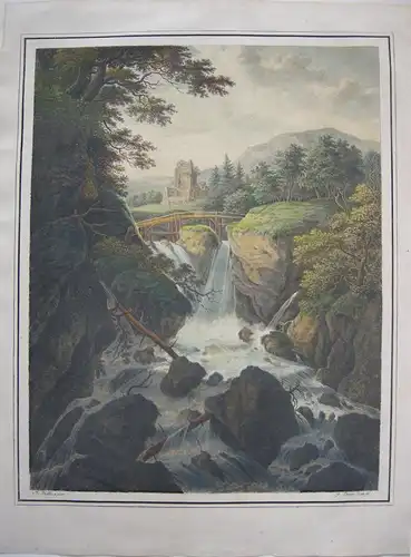 Johann Jakob Dorner d. J. Orig. Lithographie 1817 Wasserfall nach Hobbema