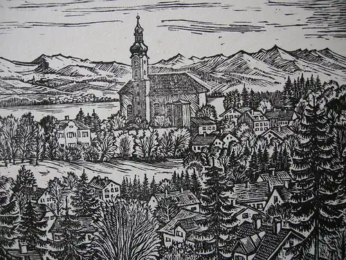 Starnberg Stadtansicht zum See Orig Holzschnitt Willi Döhler 1940 Oberbayern