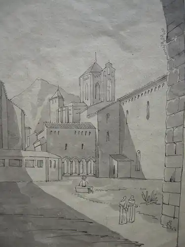 Monasterio S. Maria de Poblet Tarragona Catalunya Tinta china acuarela 1860