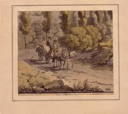 Kutsche auf Waldweg Kolor Umrissradierung von Postl nach Janscha 1830
