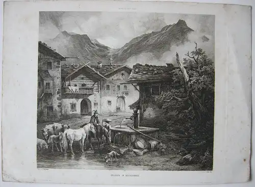 Brunnen im Hochgebirge Orig Kupferstich Carl Post nach Gauermann 1850