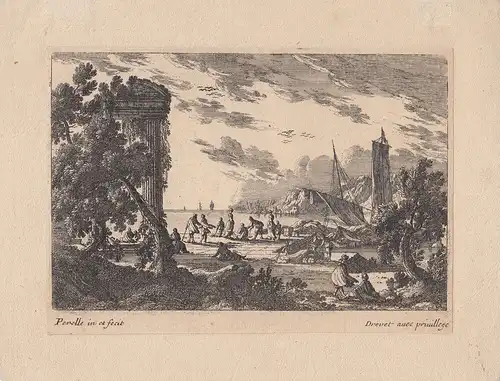 Gabriel Perelle (1603-1677) Menschen am Hafen mit Ruine Orig Kupferstich 1660