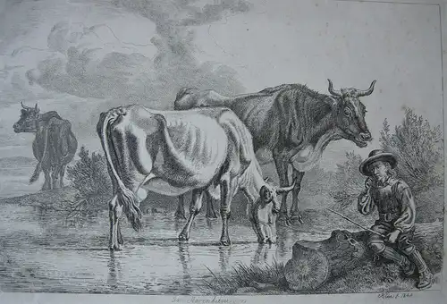 Johann Adam Klein (1792-1875) Am Starnberger See Kühe Hirte Orig Radierung 1844