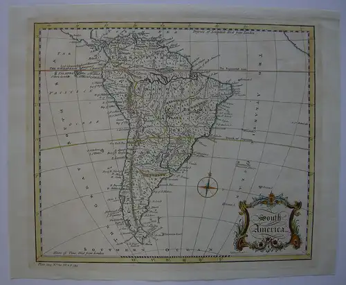 South America Südamerika Kontinentkarte kolor Orig Kupferstichkarte Gibson 1763