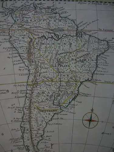South America Südamerika Kontinentkarte kolor Orig Kupferstichkarte Gibson 1763