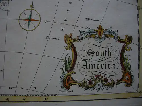 South America Südamerika Kontinentkarte kolor Orig Kupferstichkarte Gibson 1763