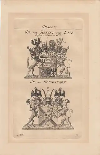 Wappen Grafen Kleist vom Loss Klingsporn Kupferstich um 1828 Ostpreussen