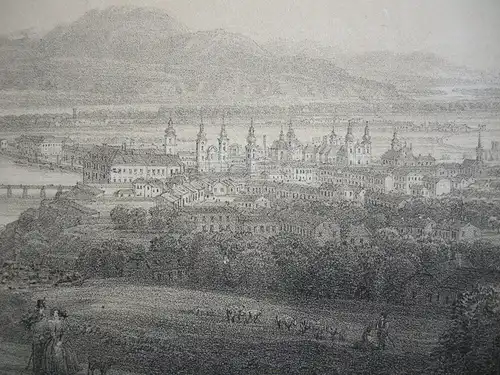 Linz Oberösterreich getönte Orig Lithografie Gesamtansicht C. Waage um 1840
