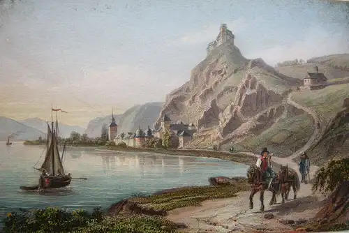 Braubach Marksburg altkolor Stahlstich Buhl Dielmann 1840 Jügel Rheinland Pfalz