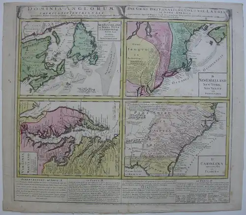 English Colonies America New Jersey Newfundland color Copperplate Map 1745