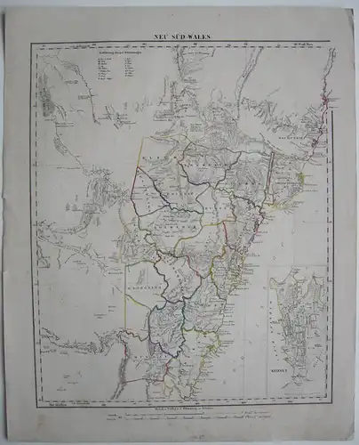 Neu Süd-Wales New South Wales Australia Kolor lithographed Map 1856 Sydney