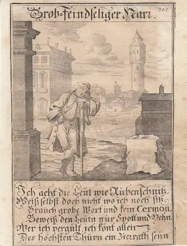 Grob-feindseliger Narr Verachtung Orig Kupferstich Abraham a Sancta Clara 1709