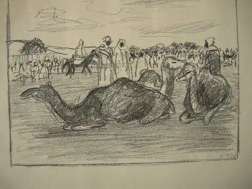 Kamelmarkt in Fes Marokko Orig Kreidelithographie monogrammiert 1936