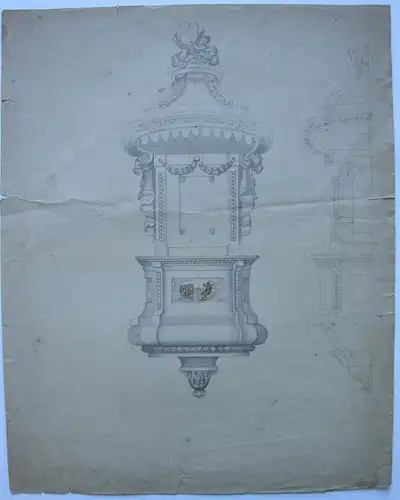 Architekturstudie Entwurf für eine Kanzel aquarellierte Tuschzeichnung 18. Jh