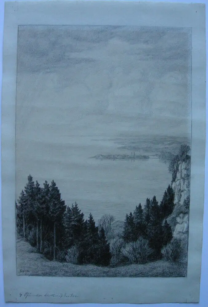 Karl Eyth (1877-1957) Blick auf Bodensee Lindau Bleistift-Zeichnung um 1920 sign 0
