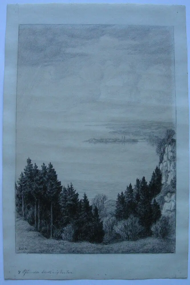 Karl Eyth (1877-1957) Blick auf Bodensee Lindau Bleistift-Zeichnung um 1920 sign 1