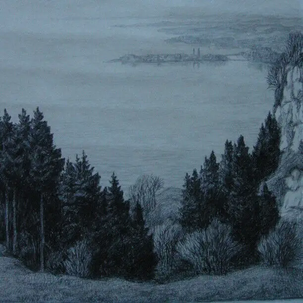 Karl Eyth (1877-1957) Blick auf Bodensee Lindau Bleistift-Zeichnung um 1920 sign 2