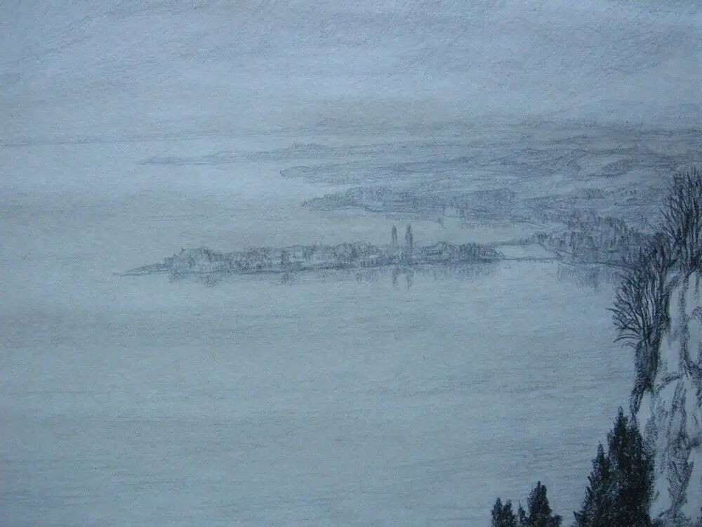 Karl Eyth (1877-1957) Blick auf Bodensee Lindau Bleistift-Zeichnung um 1920 sign 4