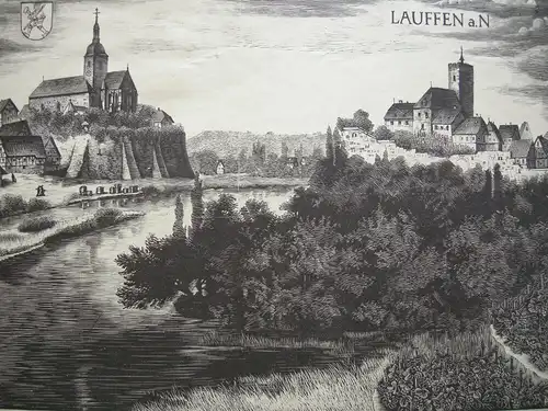 Lauffen Neckar Baden Württemberg Ansicht Orig Holzschnitt V. Himmel 1930 sign