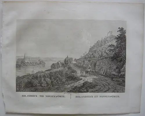 Rolandseck Nonnenwörth Rhein Orig Kupferstich J. Roux 1822 Rheinland Pfalz