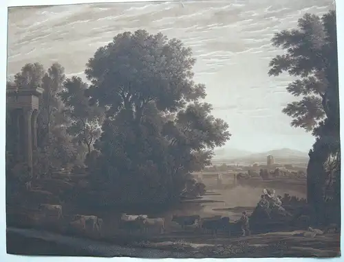 Arkadische Landschaft mit Hirten Aquatinta-Radierung von oder nach Lorrain 1700