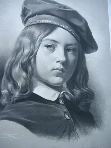 Jules David (XIX) Juiien Knabe mit Barrett Lithografie um 1850 signiert
