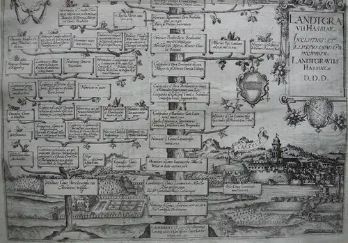 Stammbaum der Landgrafen Hessen Kassel mit Ansicht Kupferstich A. Albizzi 1612