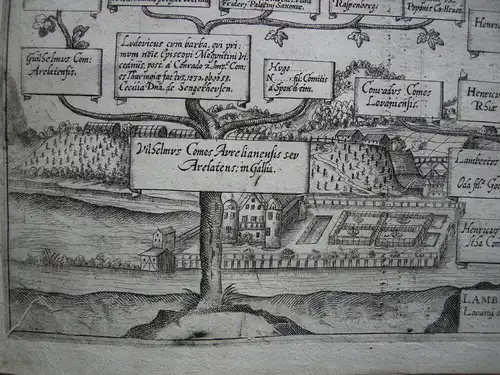 Stammbaum der Landgrafen Hessen Kassel mit Ansicht Kupferstich A. Albizzi 1612