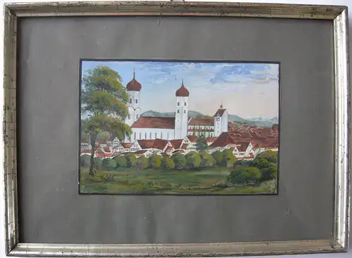 Isny im Allgäu Ansicht Gouache um 1850 gerahmt Goldleiste Württemberg