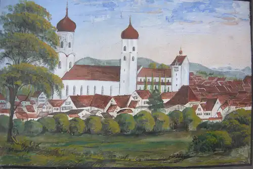Isny im Allgäu Ansicht Gouache um 1850 gerahmt Goldleiste Württemberg